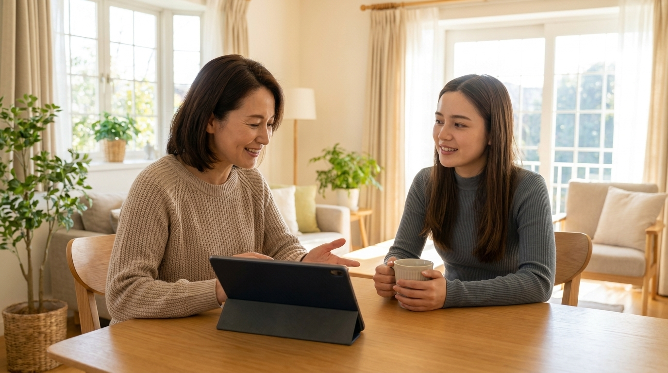 Twee vrouwen in gesprek aan een tafel met een tablet in een lichte, huiselijke omgeving